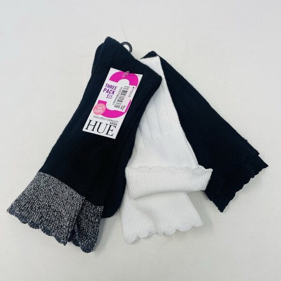 Hue Womens One Size Fits Most Scalloped Turncuff Sock 3 Pairs Black FLAW 688 - Picture 2 of 7